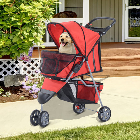 PawHut 3 Wheels Pet Stroller Foldable Carrier Jogging Stroller with Brake, Canopy, Cup Holders and Bottom Storage Space (Red) | Aosom Canada