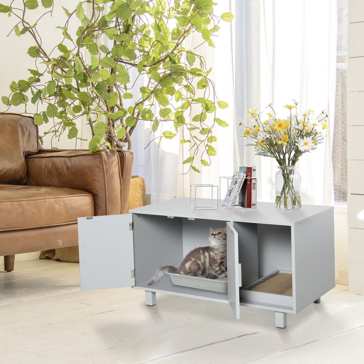 PawHut Wooden Cat Washroom Pet Litter Box Enclosure Kitten House Nightstand End Table with Scratcher Magnetic Doors Grey | Aosom Canada