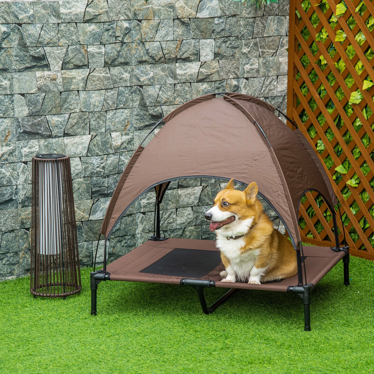 PawHut Elevated Cooling Pet Bed Portable Raised Dog Cot with Canopy for Medium Sized Dogs, Indoor & Outdoor, 36.25"x30"x35.5", Coffee | Aosom Canada