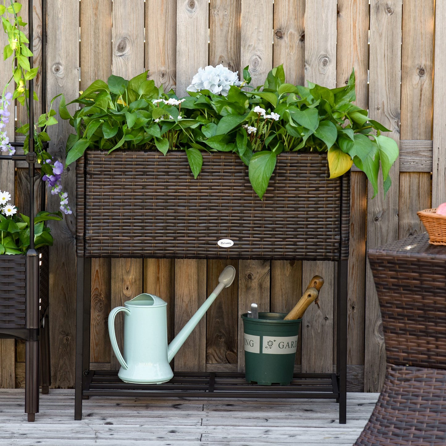 Outsunny Modern Elevated Metal Raised Garden Bed with Rattan Wicker Look, Underneath Tool Storage Rack, Brown | Aosom Canada