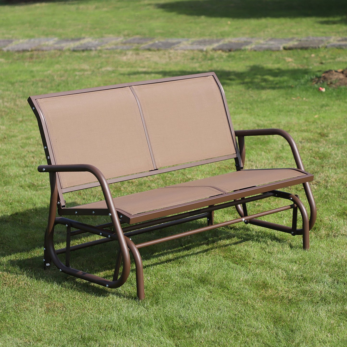 Outsunny Outdoor Steel Sling Fabric Glider Patio Loveseat Brown | Aosom Canada