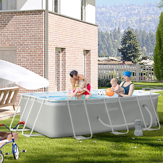 Outsunny 11ft x 7ft x 32in Steel Frame Pool with Filter Pump, Outdoor Rectangular Frame Above Ground Swimming Pool, Light Grey | Aosom Canada