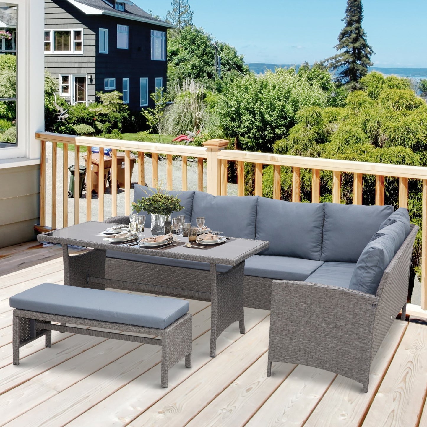 Outsunny 4 Piece Modern Outdoor Patio Rattan Wicker Furniture Patio Dining Table Bench Sofa Set - Grey | Aosom Canada