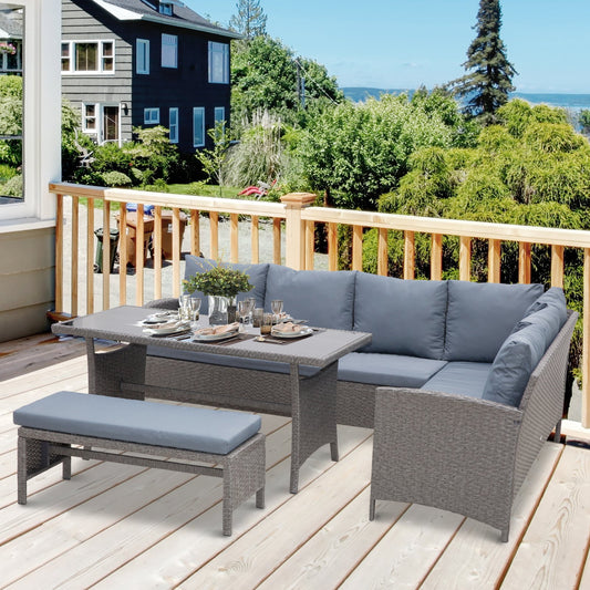 Outsunny 4 Piece Modern Outdoor Patio Rattan Wicker Furniture Patio Dining Table Bench Sofa Set - Grey | Aosom Canada