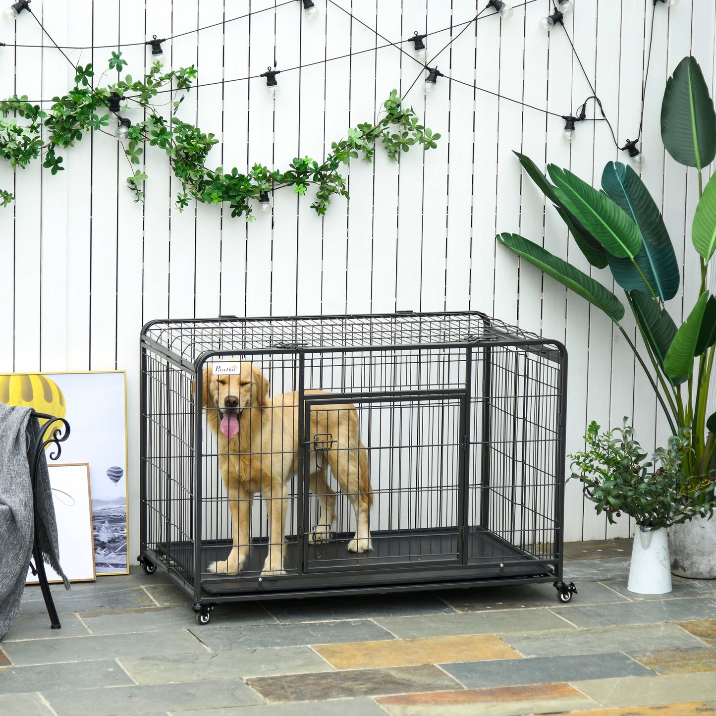 PawHut Folding Dog Crate Heavy Duty Cage for XL Sized Dogs with Double Doors, Lockable Wheels, Divider Panel 49" x 30" x 32" | Aosom Canada