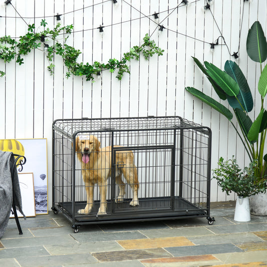 PawHut Folding Dog Crate Heavy Duty Cage for XL Sized Dogs with Double Doors, Lockable Wheels, Divider Panel 49" x 30" x 32" | Aosom Canada