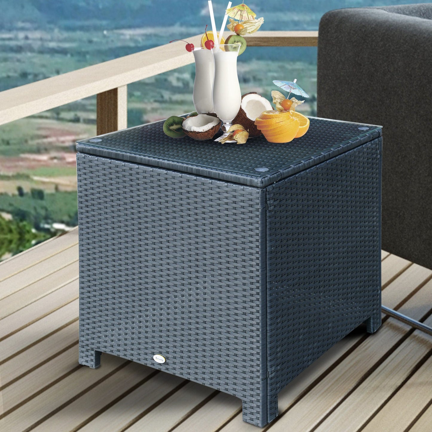 Outsunny Rattan Wicker Side Coffee Table w/ Glass Top Outdoor Patio Furniture Black | Aosom Canada