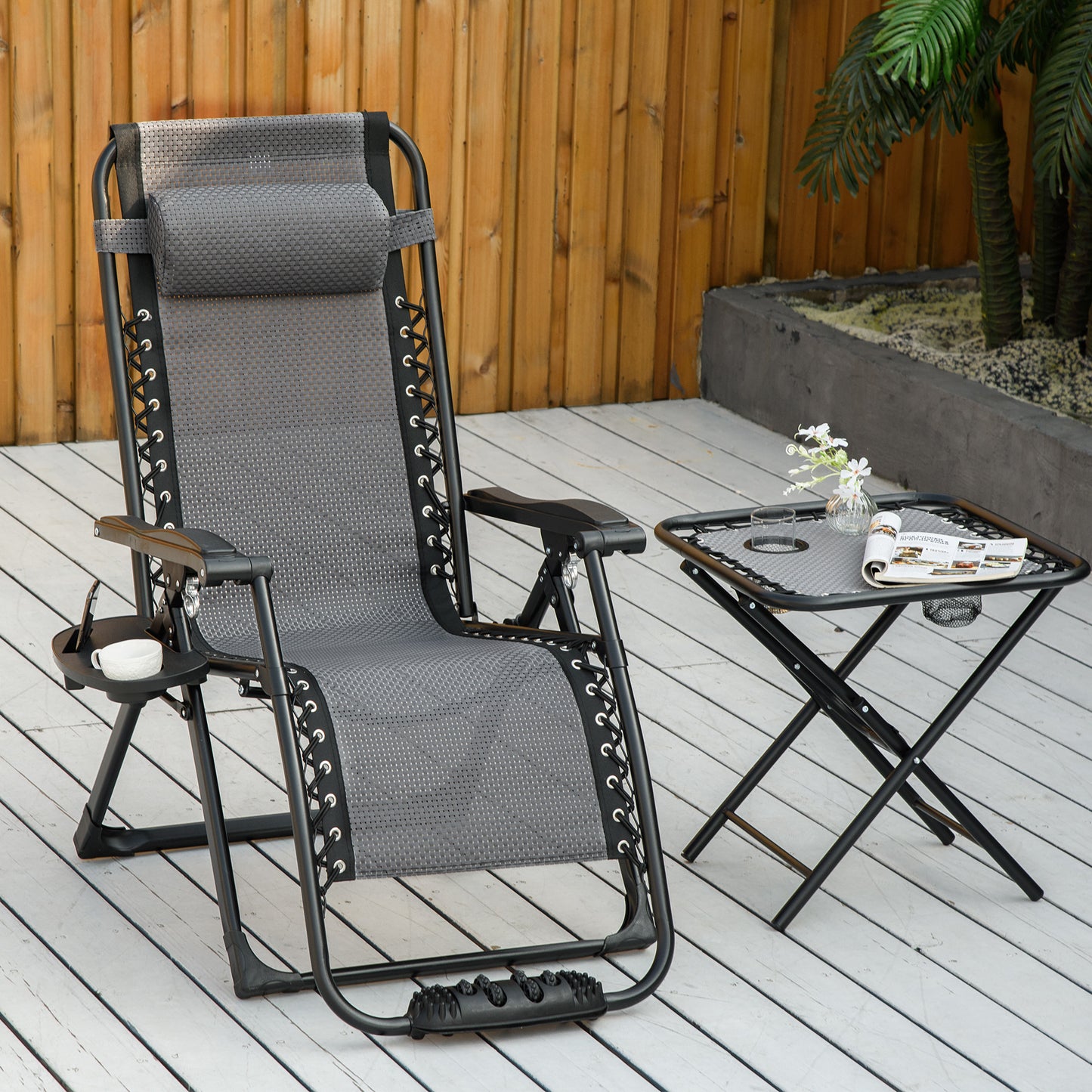 Outsunny Zero Gravity Chair, Folding Recliner Chair, Adjustable Patio Lounger with Pillow, Cup Holder and Foot Massage Roller, Grey | Aosom Canada