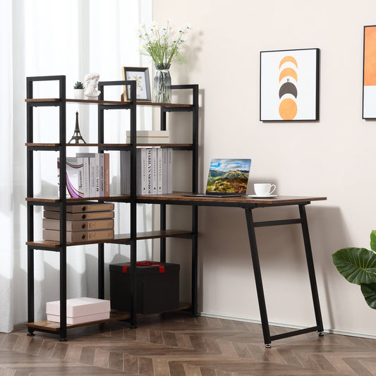 HOMCOM 5 Tier Versatile L-Shaped Computer Desk Writing Table with Display Shelves and Metal Frame, Rustic Brown | Aosom Canada