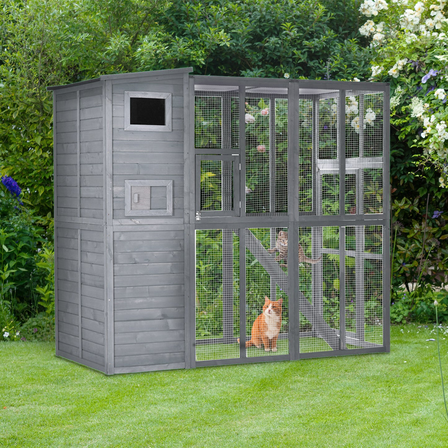 PawHut Large Wooden Outdoor Cat House with Large Run for Play, Catio for Lounging, and Condo Area for Sleeping, Grey | Aosom Canada