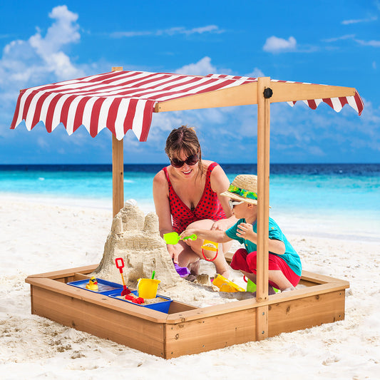 Outsunny Kids Wooden Sandbox, Children Sand Play Station Outdoor, with Adjustable Height Cover, Bottom Liner, Seat, Plastic Basins | Aosom Canada