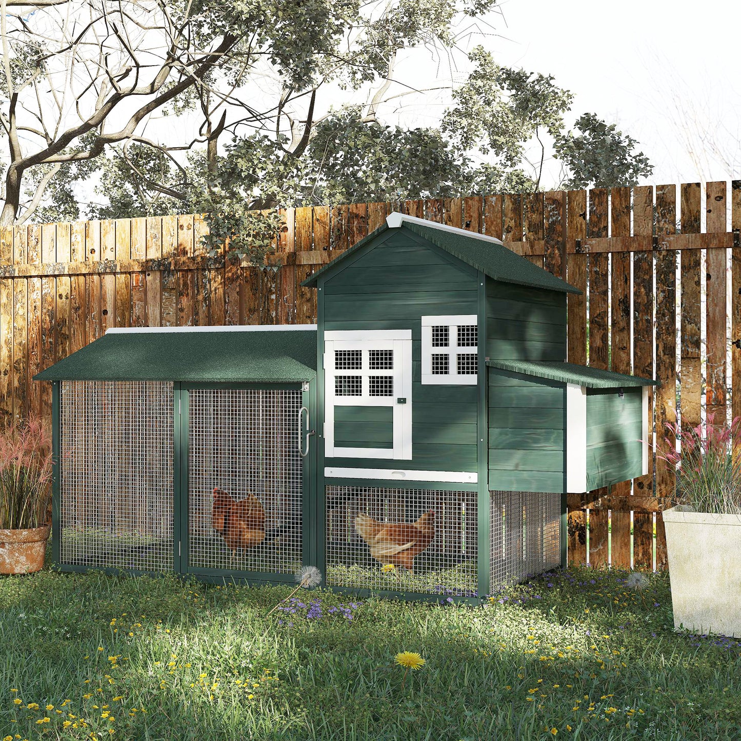 PawHut 84" Chicken Coop Wooden Hen House Rabbit Hutch Poultry Cage Pen Outdoor Backyard with Nesting Box and Run, Green | Aosom Canada