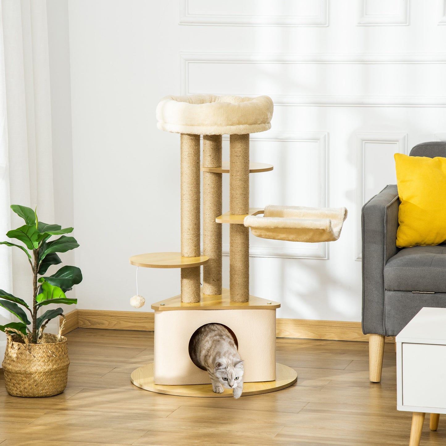 PawHut Cat Tree Tower Multi-Level Kitten House with Scratching Post Condo Hammock Bed Ball Toy - 23.5 x 23.5 x 39 Inches, Yellow | Aosom Canada