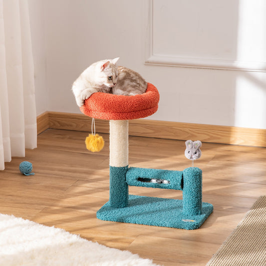 PawHut Cat Tree with Removable Bed Scratching Post Interactive Kitten Toy Dangling Ball Spring Roller Bell Blue Orange | Aosom Canada