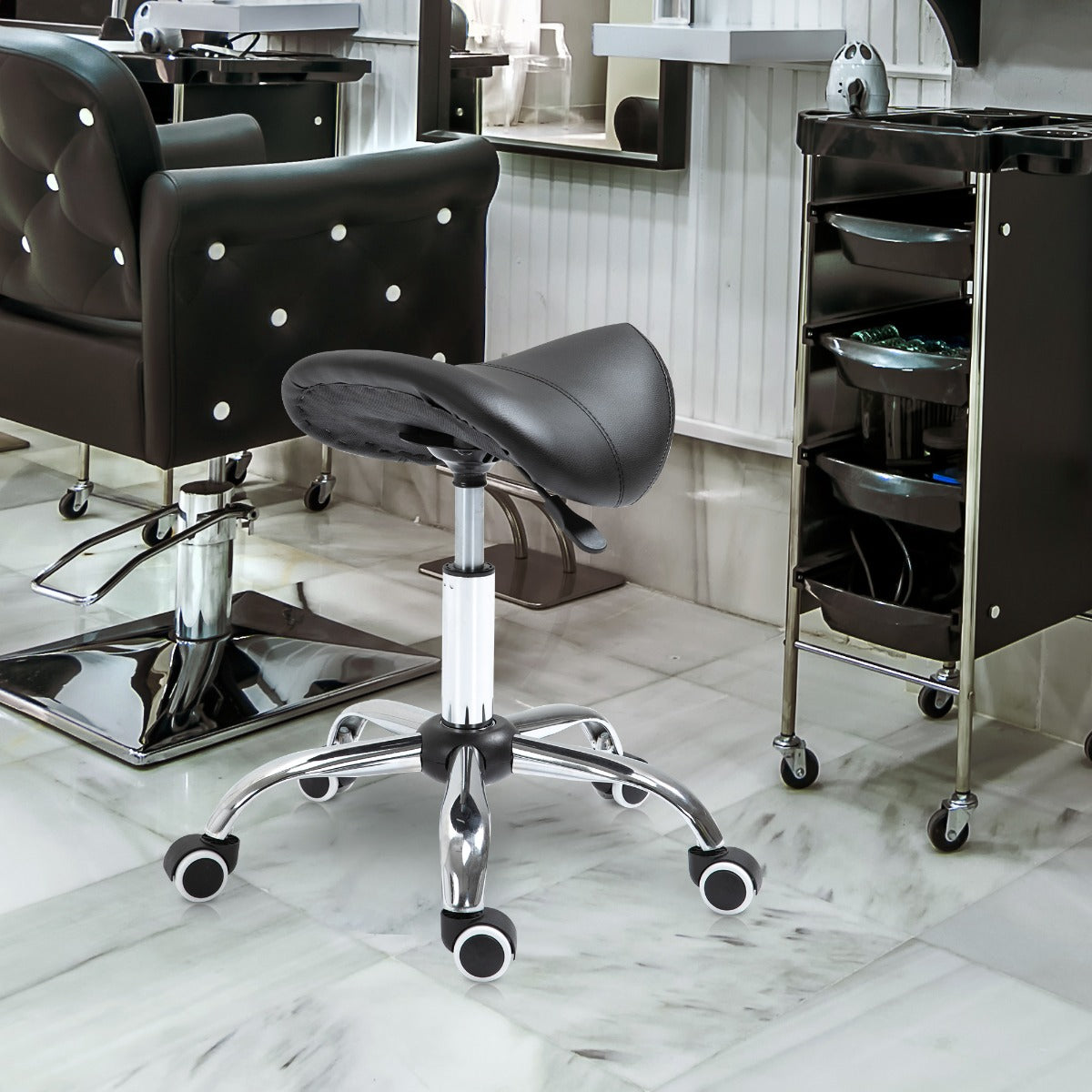 HOMCOM Saddle Chair Salon Stool Rolling Swivel Adjustable Seat Hydraulic Gas Seat for Massage Tattoo Dental Facial Spa Black | Aosom Canada
