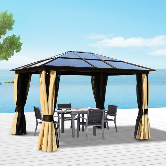 Outsunny 10x12ft Garden Outdoor Aluminium Gazebo Hardtop with LED Solar Light and Mesh Curtains & Side Walls | Aosom Canada