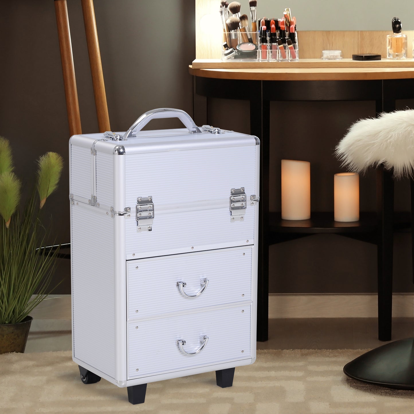 HOMCOM Professional Makeup Case, Makeup Box, Salon Beauty Cosmetic Jewelry Organizer Trolley with 2 Wheels (Silver) | Aosom Canada