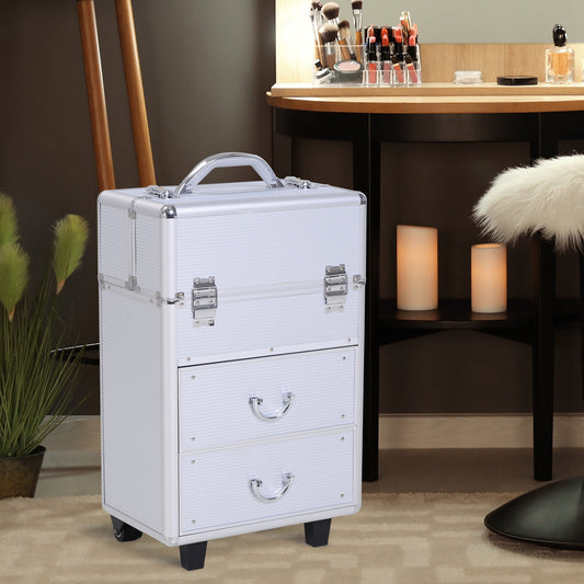 HOMCOM Professional Makeup Case, Makeup Box, Salon Beauty Cosmetic Jewelry Organizer Trolley with 2 Wheels (Silver) | Aosom Canada