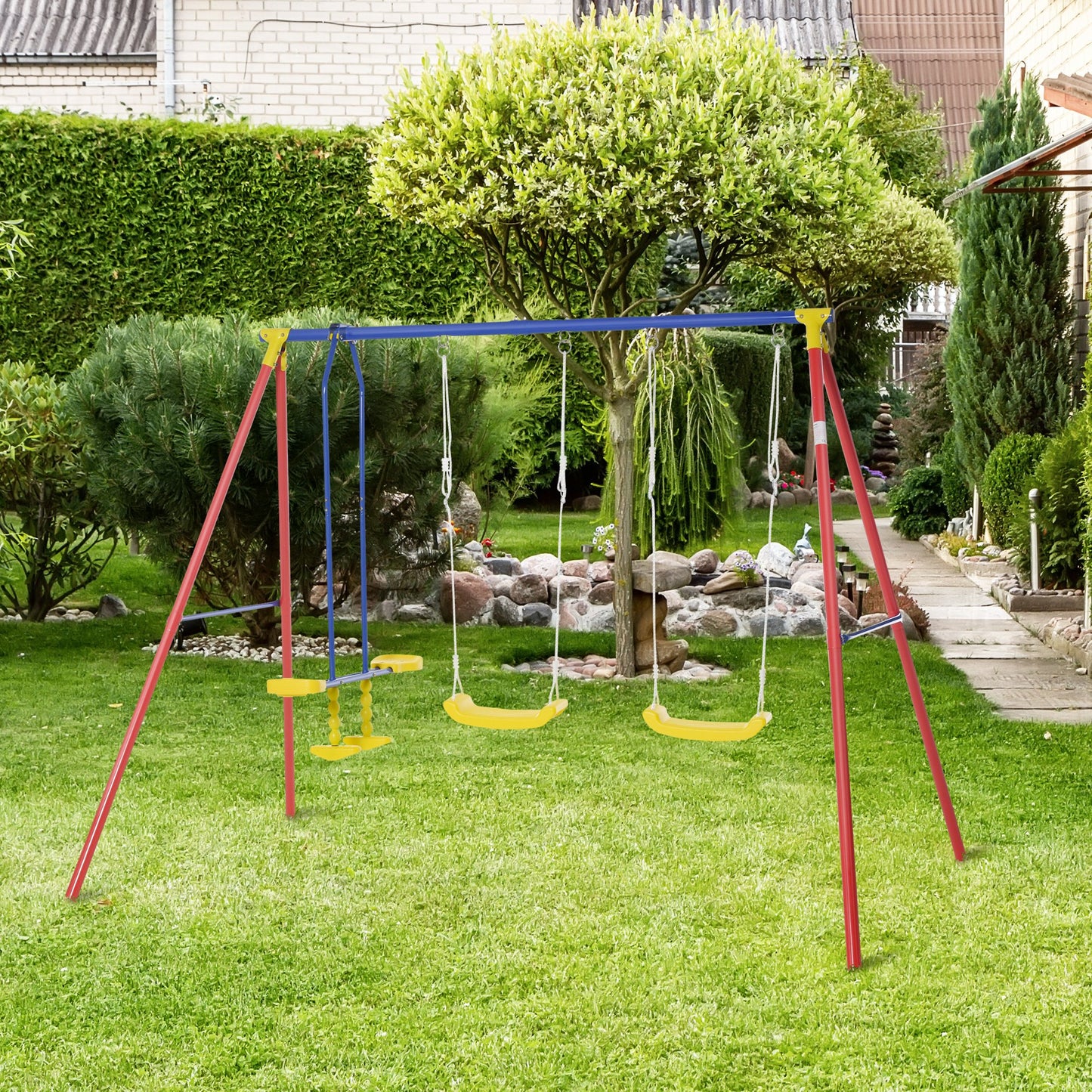 Outsunny Metal Swing Set with 2 Seats Glider A-Frame Stand Adjustable Hanging Rope for Backyard Playground Outdoor Playset | Aosom Canada