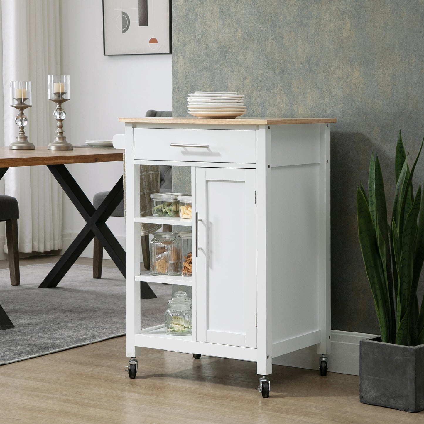 HOMCOM Compact Kitchen Trolley Utility Cart on Wheels with Open Shelf & Storage Drawer for Dining Room, Kitchen, White | Aosom Canada