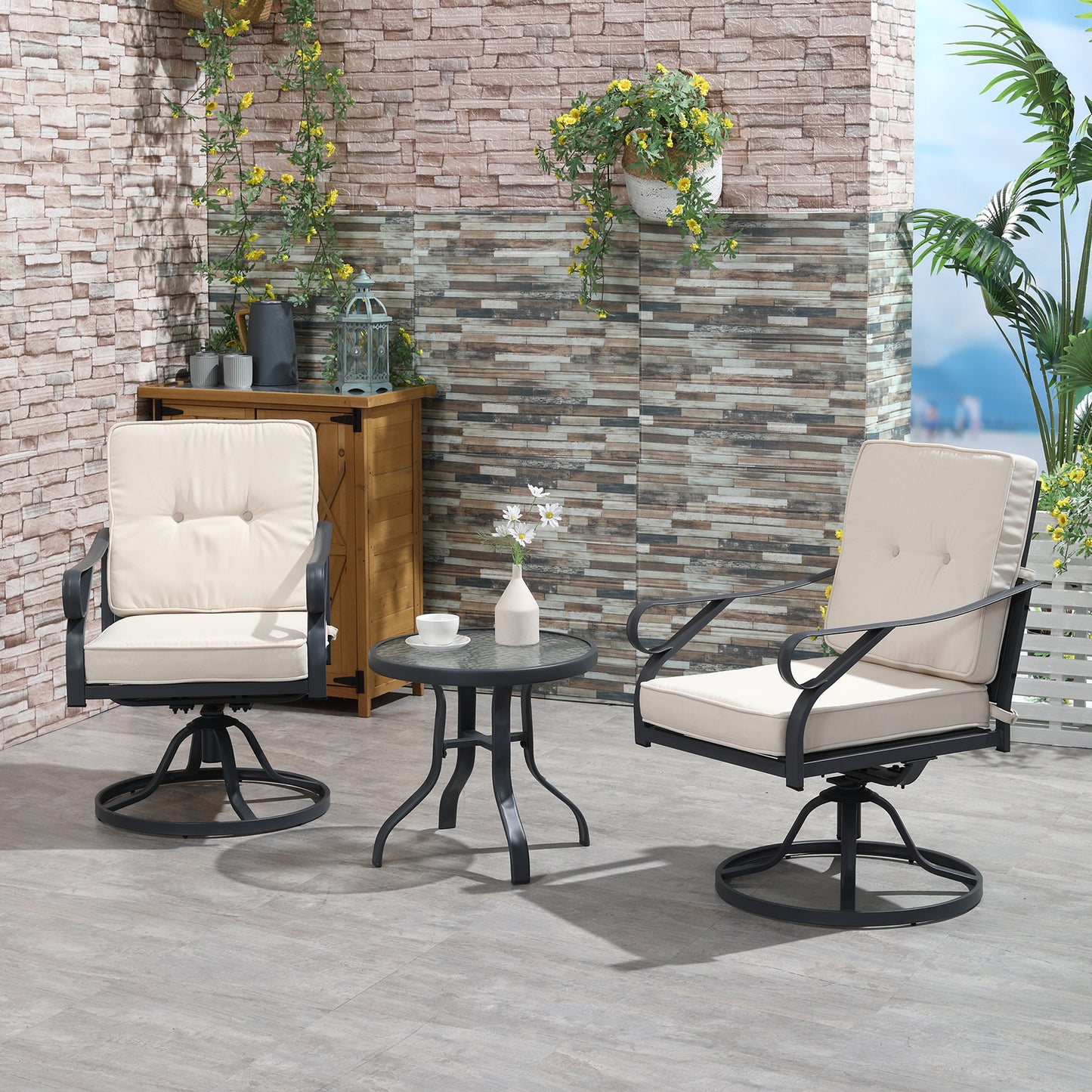 Outsunny 3 Pieces Outdoor Bistro Set, 2 Swivel Rocker Chairs and 1 Round Tempered Glass Table with Cushion, White | Aosom Canada