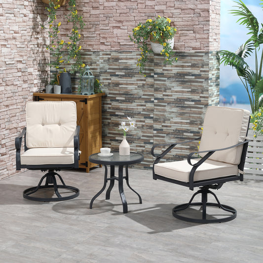 Outsunny 3 Pieces Outdoor Bistro Set, 2 Swivel Rocker Chairs and 1 Round Tempered Glass Table with Cushion, White | Aosom Canada