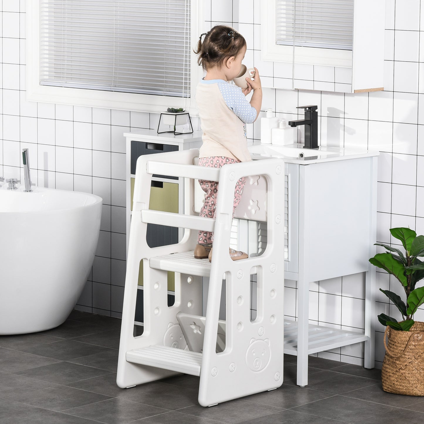 Qaba Kids Step Stool Adjustable Standing Platform Toddler Kitchen Stool -Standing Tower for Kids with Three Adjustable Heights, White | Aosom Canada