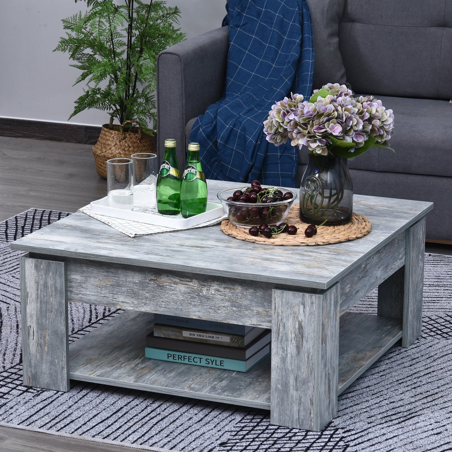 HOMCOM modern wood coffee table 2 Tier Square Simple Accent End Console Table w/ Storage Shelf Living Room Home Furniture Wood Grain | Aosom Canada