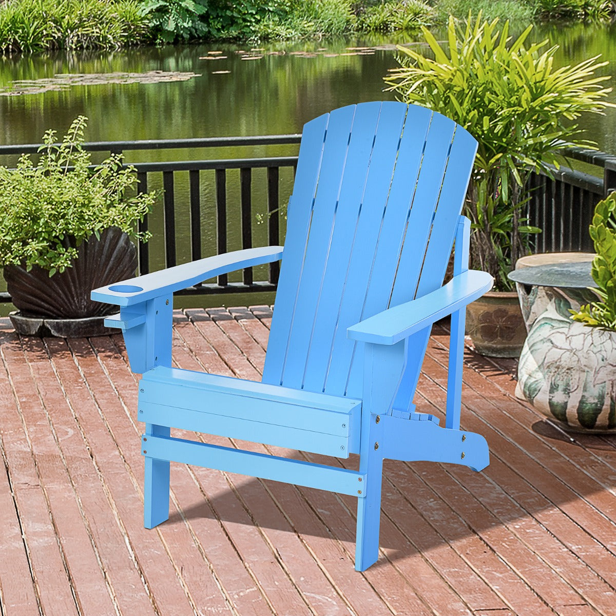 Outsunny Outdoor Classic Wooden Adirondack Deck Chair w/ Cup Holder - Blue | Aosom Canada