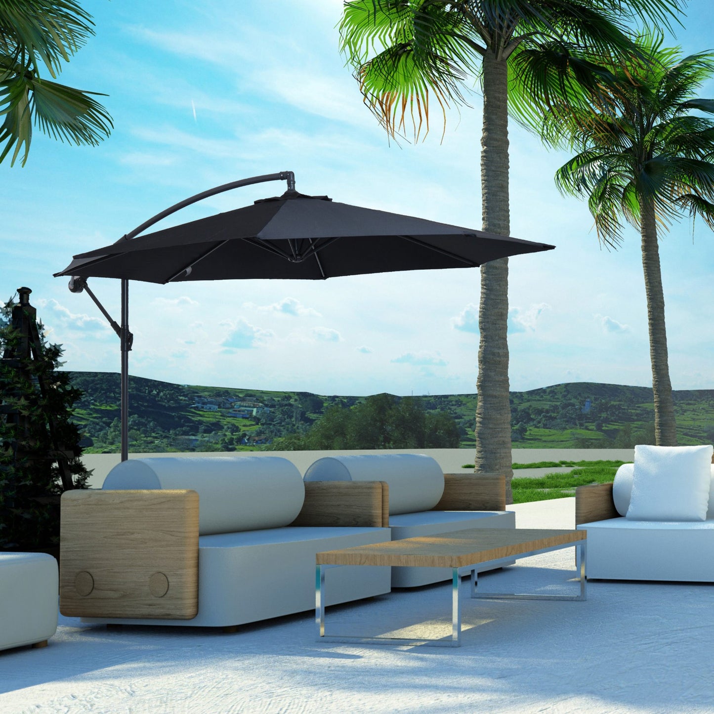 Outsunny Φ10' Deluxe Patio Umbrella Outdoor Market Parasol Banana Hanging Offset Sunshade Crank Cross Base Black | Aosom Canada