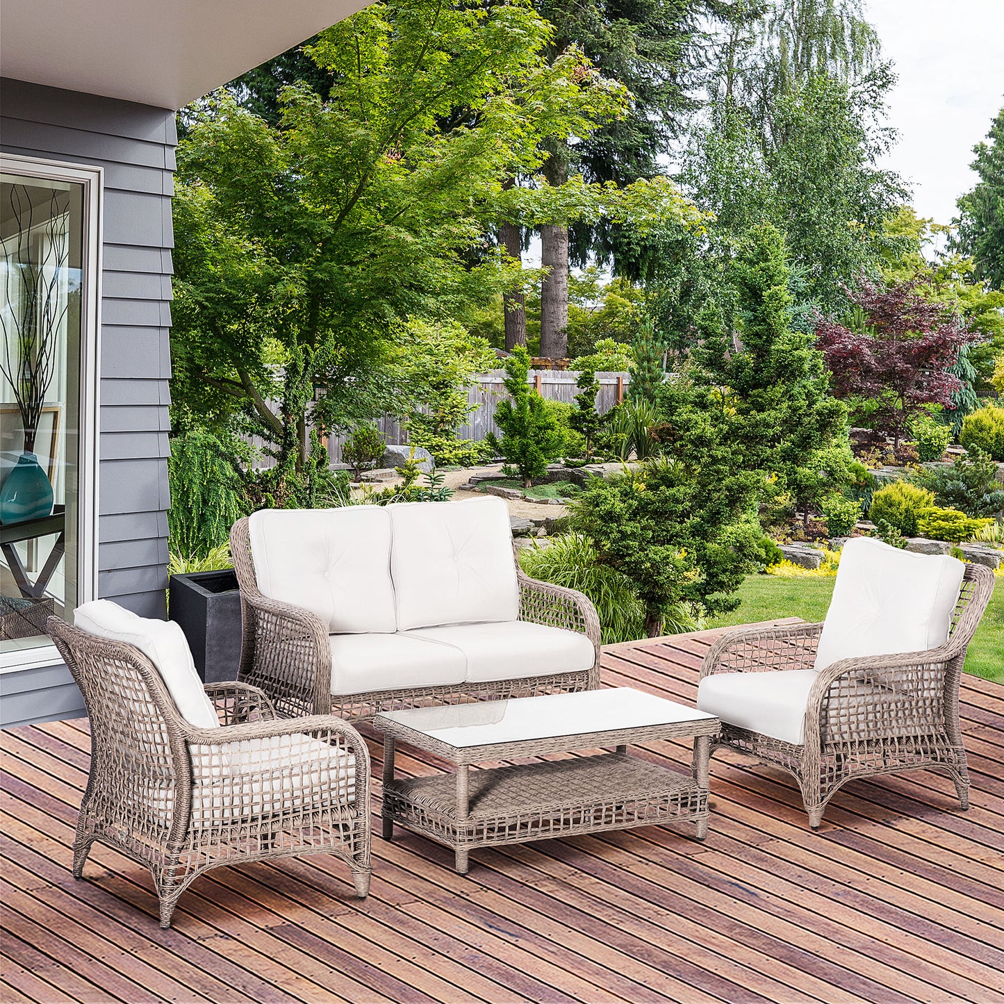 Outsunny 4 PCS Luxury Patio Wicker Sofa Set, Outdoor Round PE Rattan Aluminum Conversation Furniture, Cream White | Aosom Canada