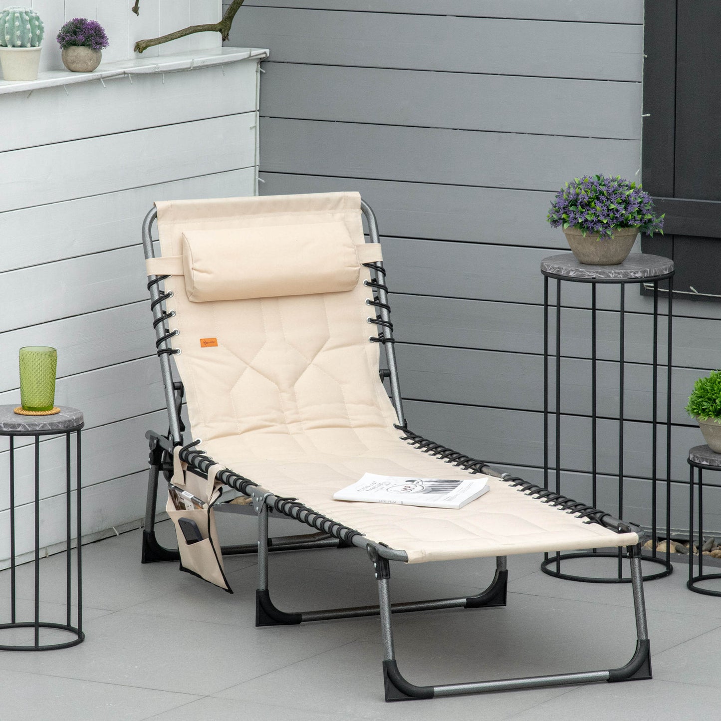 Outsunny Folding Chaise Lounge Chair, Outdoor Padded Reclining Chair with 5-position Adjustable Backrest, Beige | Aosom Canada