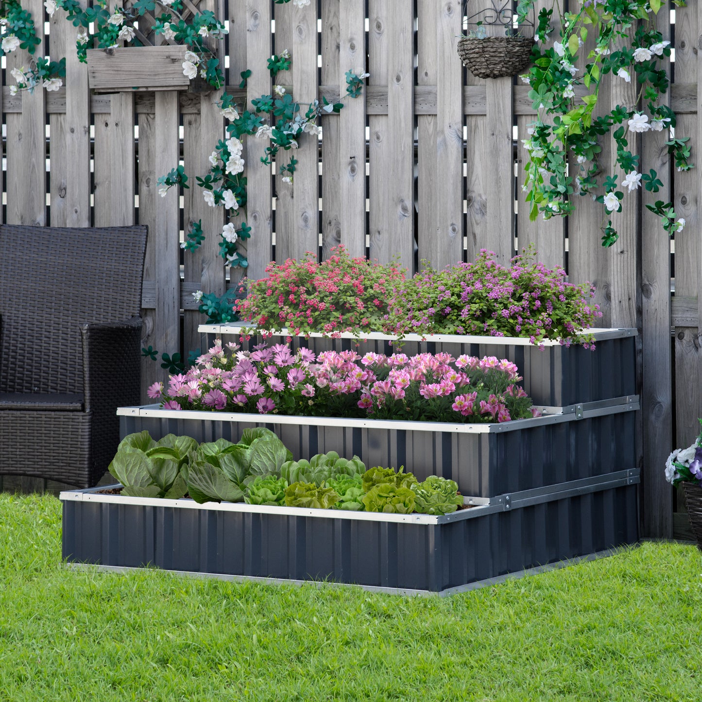 Outsunny 47''x47''x25'' 3 Tier Raised Garden Bed, Metal Elevated Planer Box Kit w/ A Pairs of Glove for Backyard, Grey | Aosom Canada
