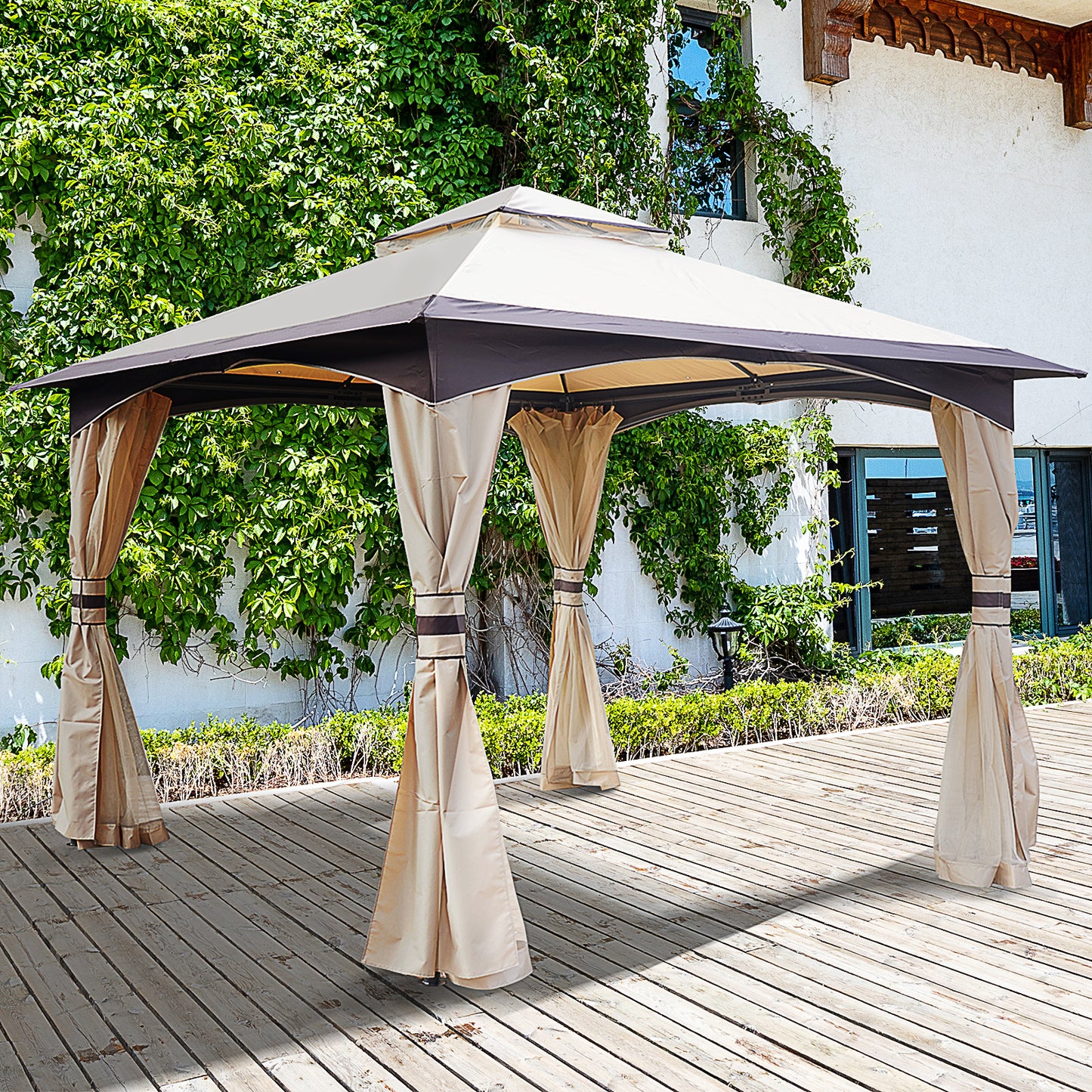 Outsunny 10' x 10' Soft Top Gazebo Canopy Tent w/ Double Roof, Eaves Design and Mesh Netting Sidewall Outdoor Patio Large Garden | Aosom Canada