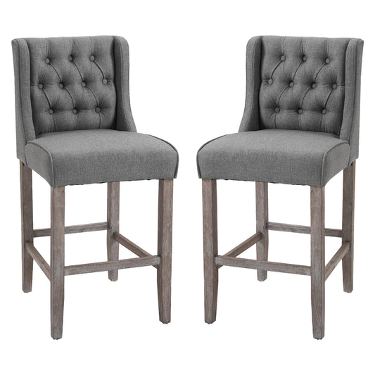 Homcom 26" Kitchen Bar Stools Set Of 2 With Nailhead Trim Dining Wooden Tall Bar Stools Height Chairs Grey | Aosom Canada