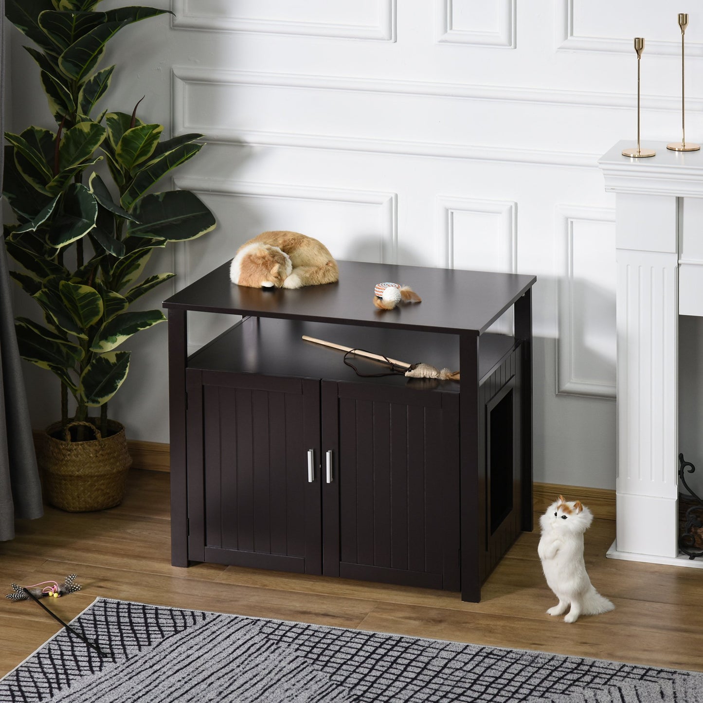 PawHut Wooden Cat Washroom Pet Litter Box Enclosure Kitten House Nightstand End Table Hideaway Cabinet with Adjustable Divider | Aosom Canada