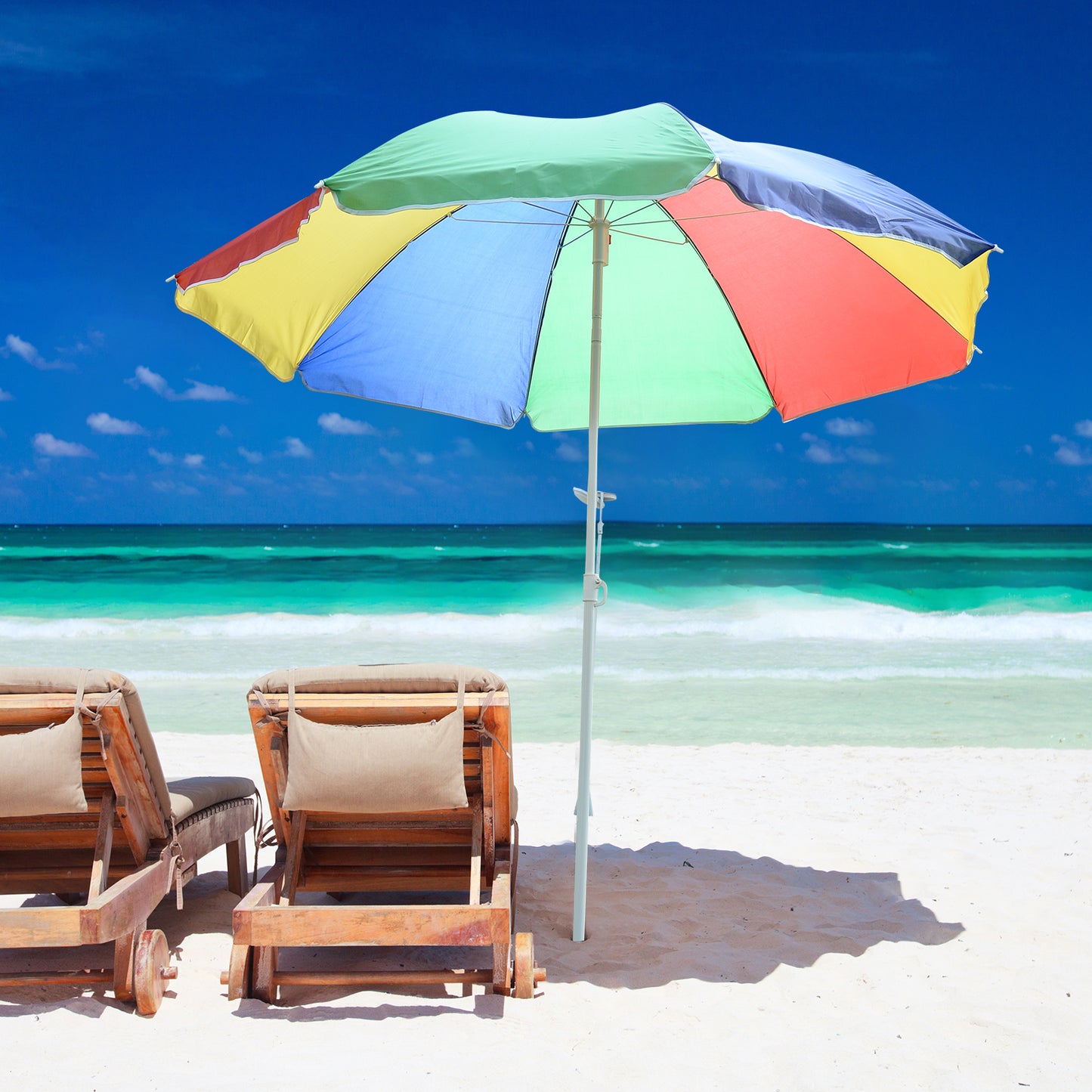 Outsunny 5ft Round Beach Umbrella Outdoor UV Protection Sun Shade Canopy w/ Push Button Tilt Pole Rainbow | Aosom Canada