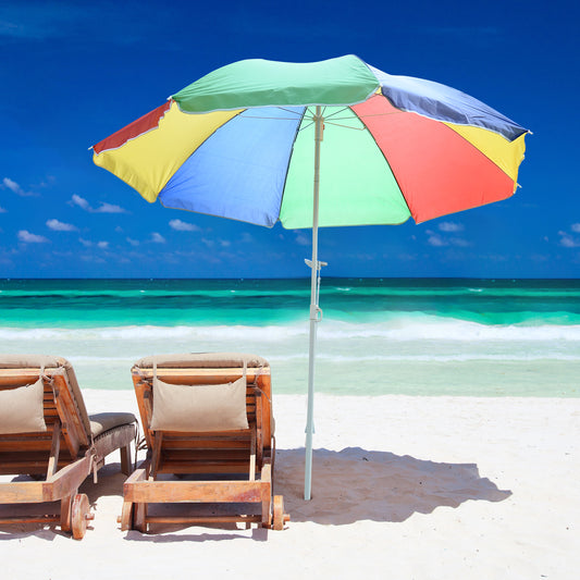 Outsunny 5ft Round Beach Umbrella Outdoor UV Protection Sun Shade Canopy w/ Push Button Tilt Pole Rainbow | Aosom Canada