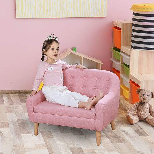 Qaba 2-Seat Linen Fabric and Wooden Frame Sofa for Kids and Toddlers Ages 3-6, 11" High Seat, Pink | Aosom Canada