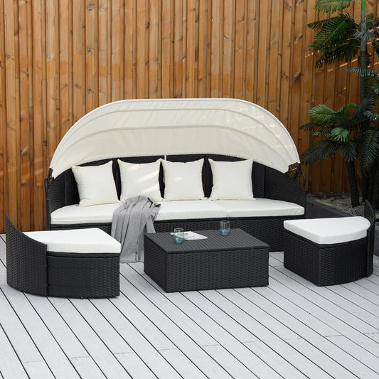 Outsunny 4 Pieces Patio PE Wicker Lounge Set, Rattan Conversation Furniture Set, Round Sofa Bed with Canopy, Cushioned, & Pillows | Aosom Canada