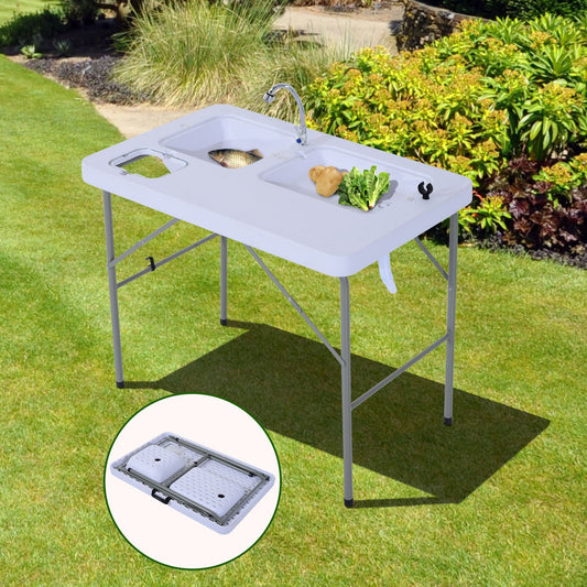 Outsunny 2-in-1 Folding Table w/ Faucet and Sinks Portable Outdoor Camping BBQ Fishing Table White | Aosom Canada
