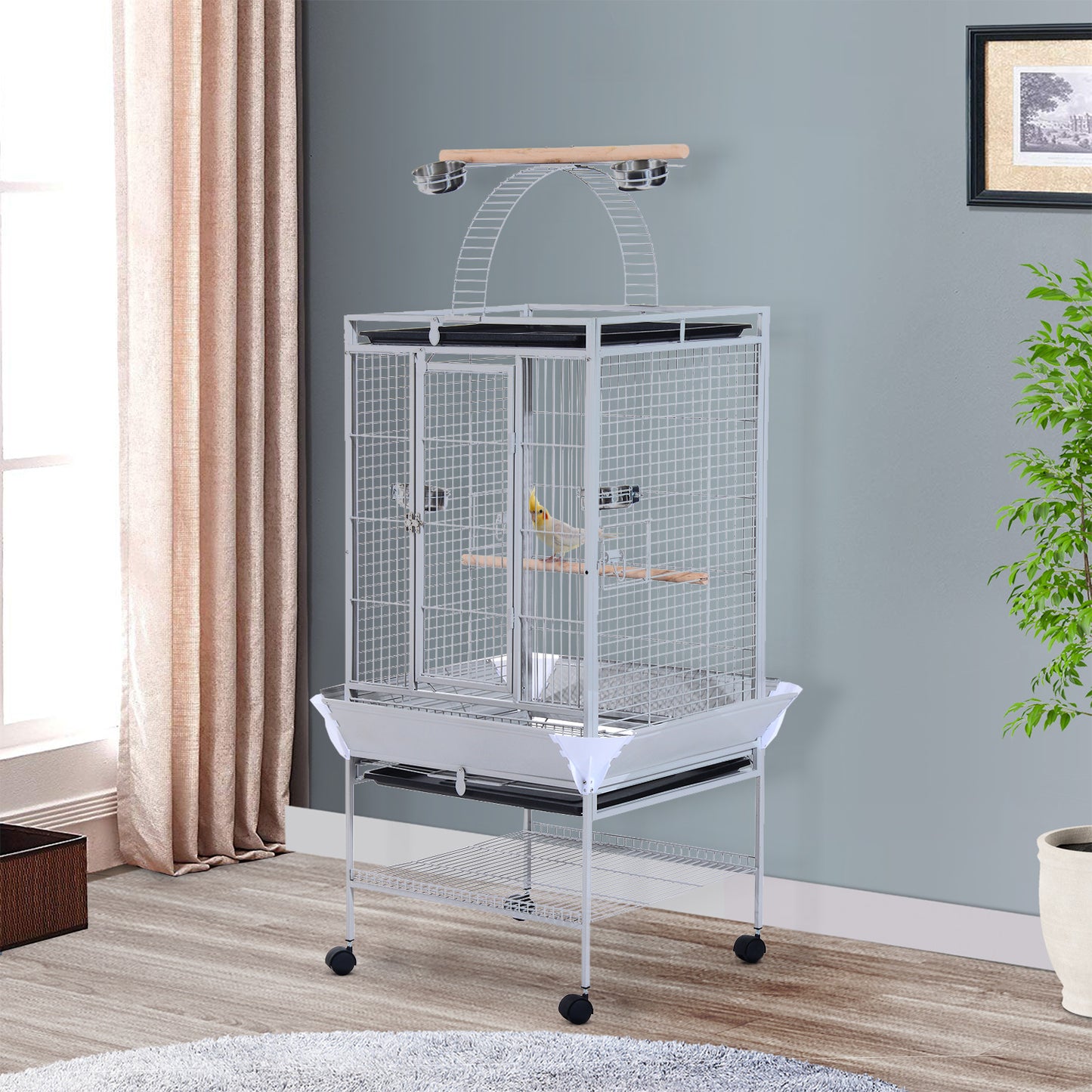 PawHut D10-016 63" Large Bird Parrot Cage Stand Finch Feeder Play Top House Perch Bowl Wheels Silver | Aosom Canada