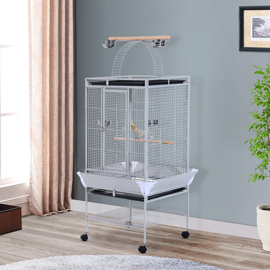 PawHut D10-016 63" Large Bird Parrot Cage Stand Finch Feeder Play Top House Perch Bowl Wheels Silver | Aosom Canada