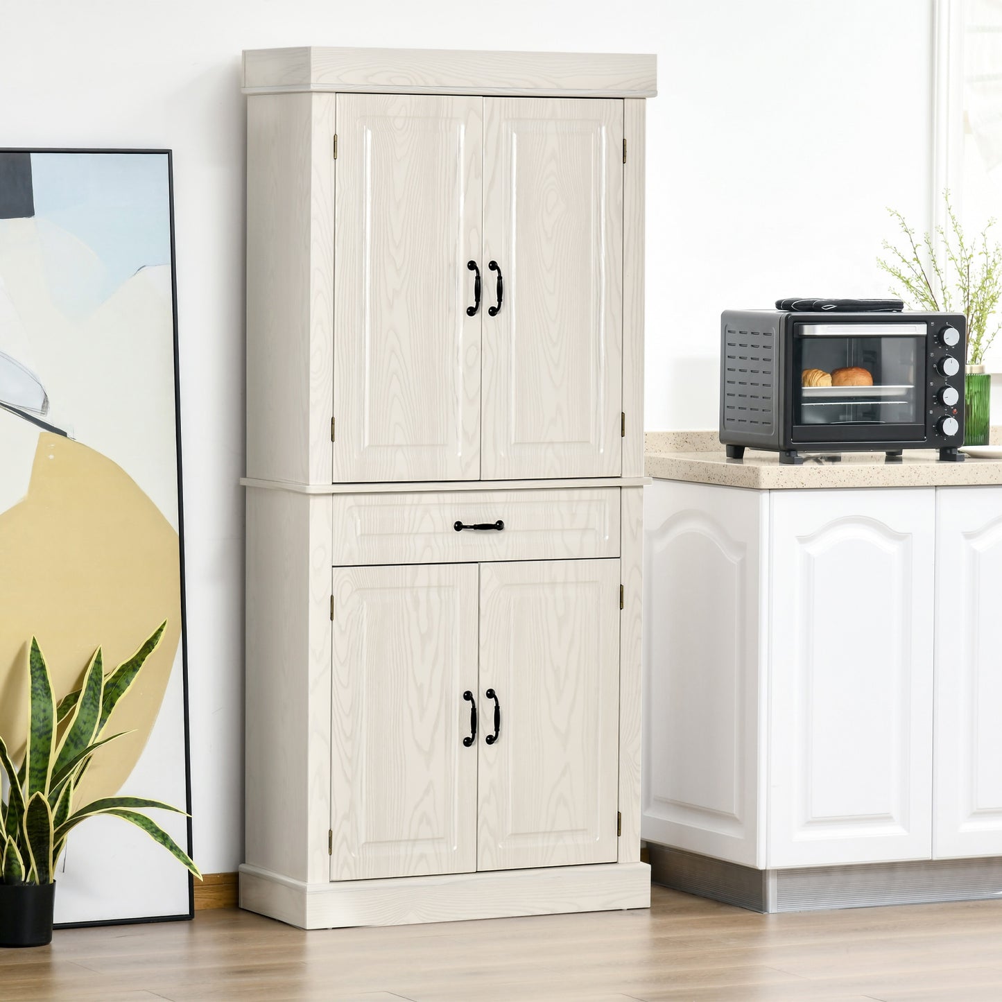 HOMCOM 71" Freestanding Kitchen Pantry with 4 Doors, and 2 Large Cabinets, Tall Storage Cabinet with Wide Drawer, White Wood Grain | Aosom Canada