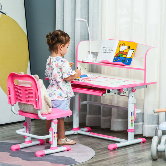 Qaba Kids Desk and Chair Set Height Adjustable Student Writing Desk with LED Lamp, Bookshelf, Drawer, Reading Board, Pen Slot, Pink | Aosom Canada