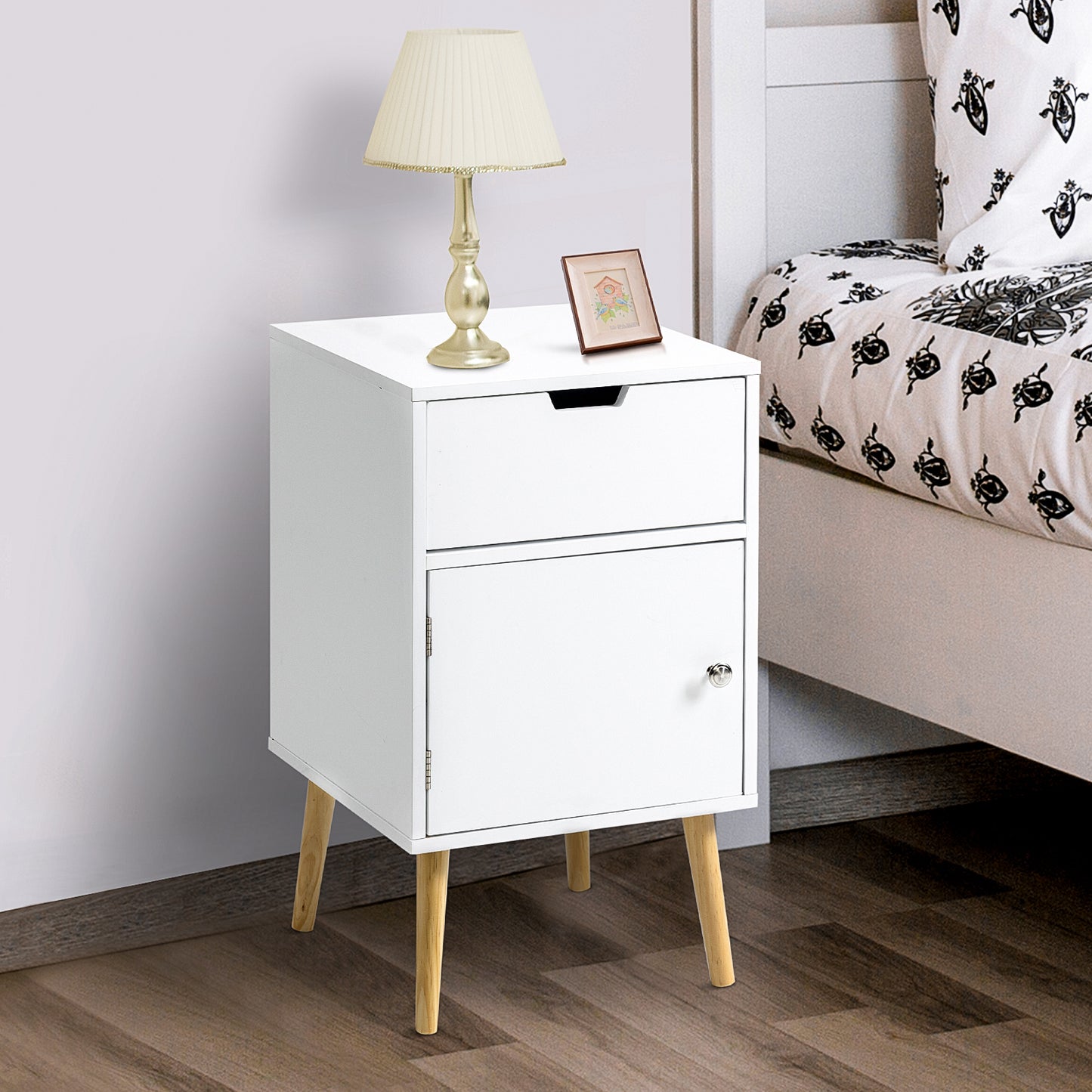 HOMCOM Modern Nightstand Bedside Table, Living Room End Table, Side Table with Drawer and Cupboard with Door, White | Aosom Canada