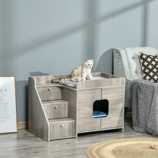 PawHut Cat Washroom Pet Litter Box Decorative Kitten House Nightstand End Table Indoor with Multipurpose Ladder Cushion Oak | Aosom Canada