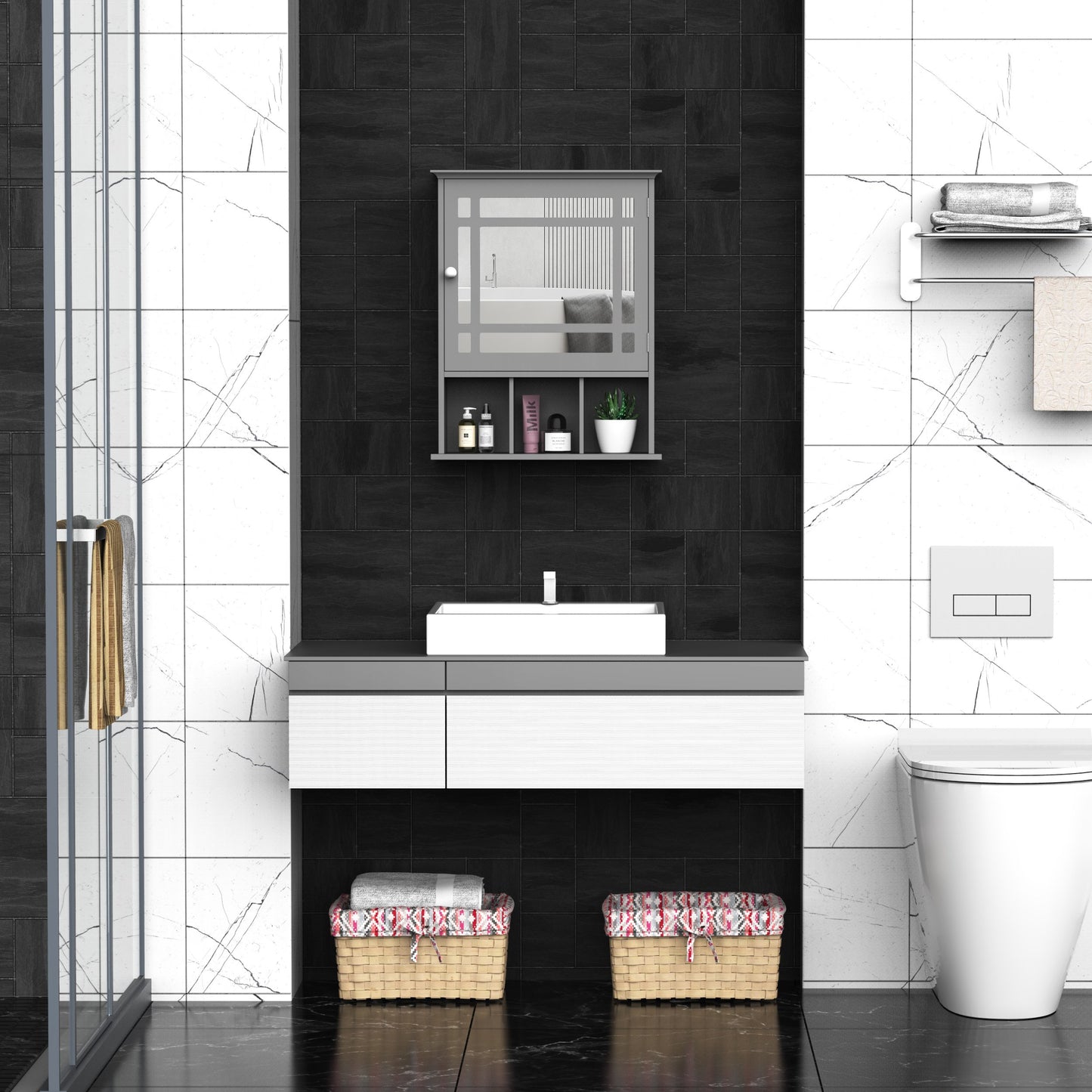 kleankin Bathroom Cabinet Wall Mount with Mirror Door 3 Shelf Organizer for Bathroom, Kitchen, Bedroom, Grey | Aosom Canada