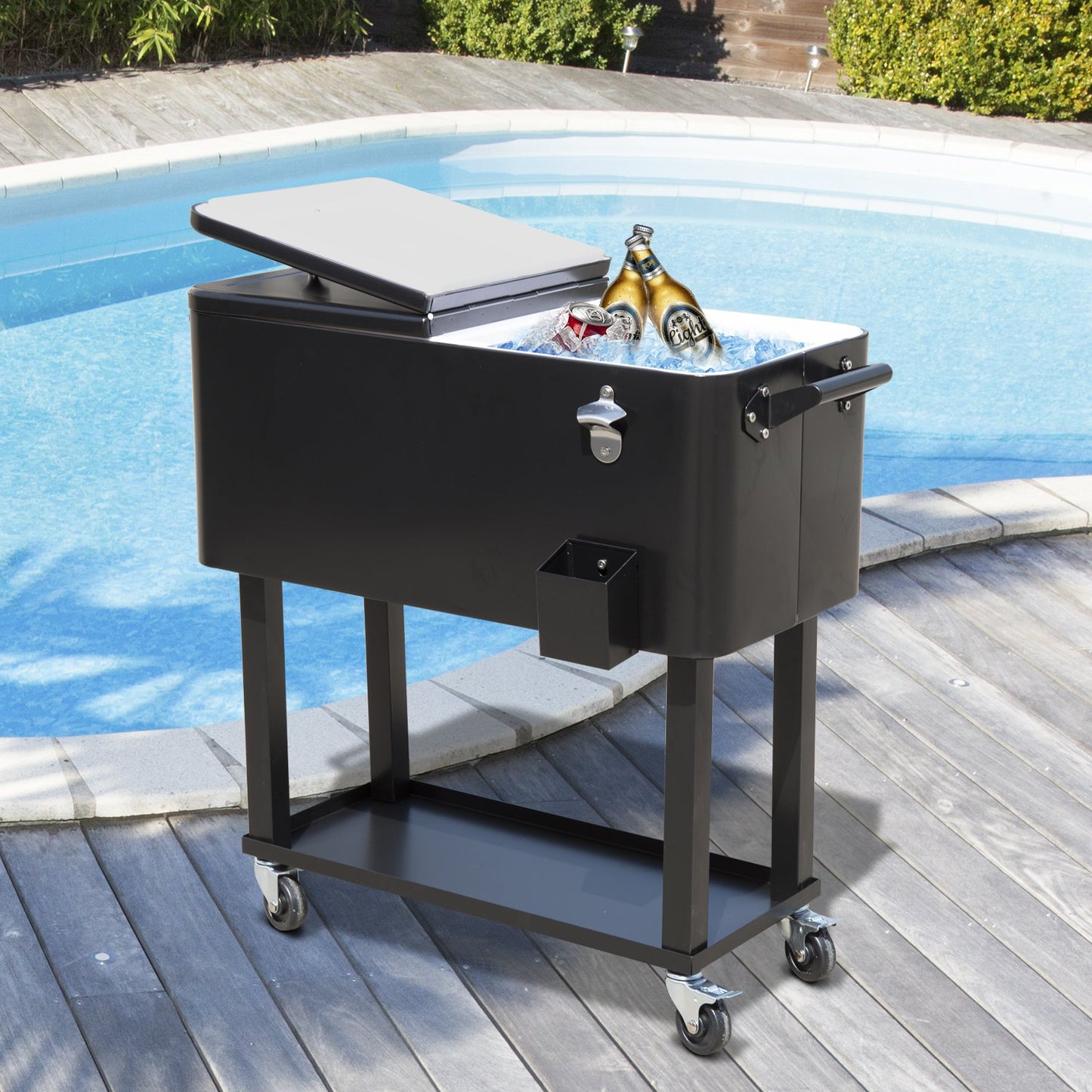 Outsunny 80 Quart Rolling Cooler Cart Portable Patio Ice Beer Beverage Cooling Bin Outdoor Party Bottle Opener Storage Shelf Black | Aosom Canada