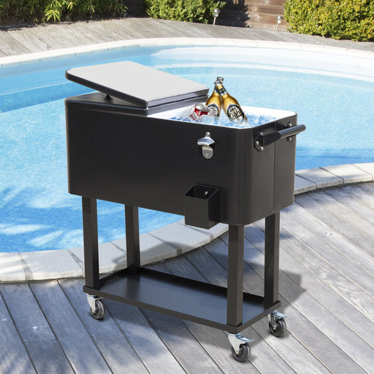 Outsunny 80 Quart Rolling Cooler Cart Portable Patio Ice Beer Beverage Cooling Bin Outdoor Party Bottle Opener Storage Shelf Black | Aosom Canada